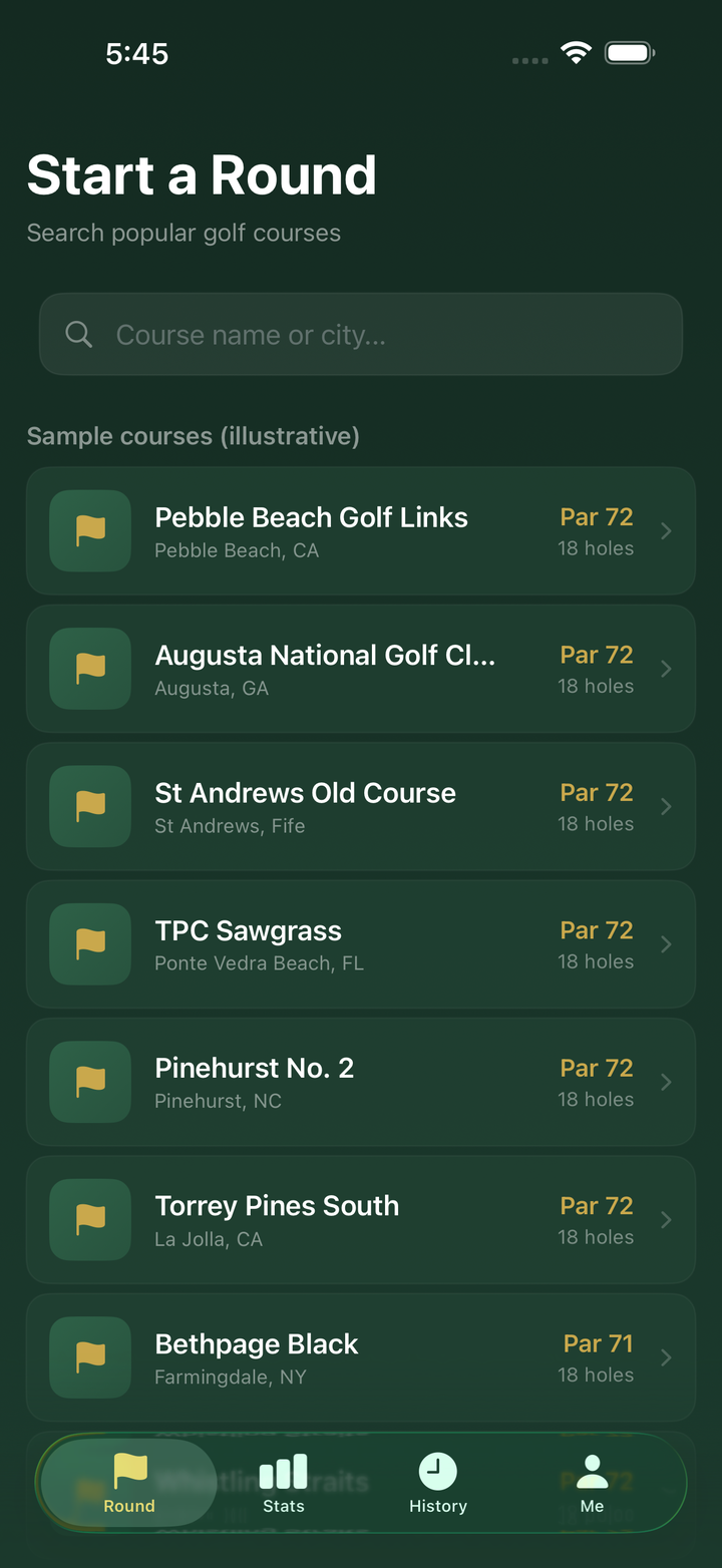 SwingIQ history screen showing past rounds and golf performance