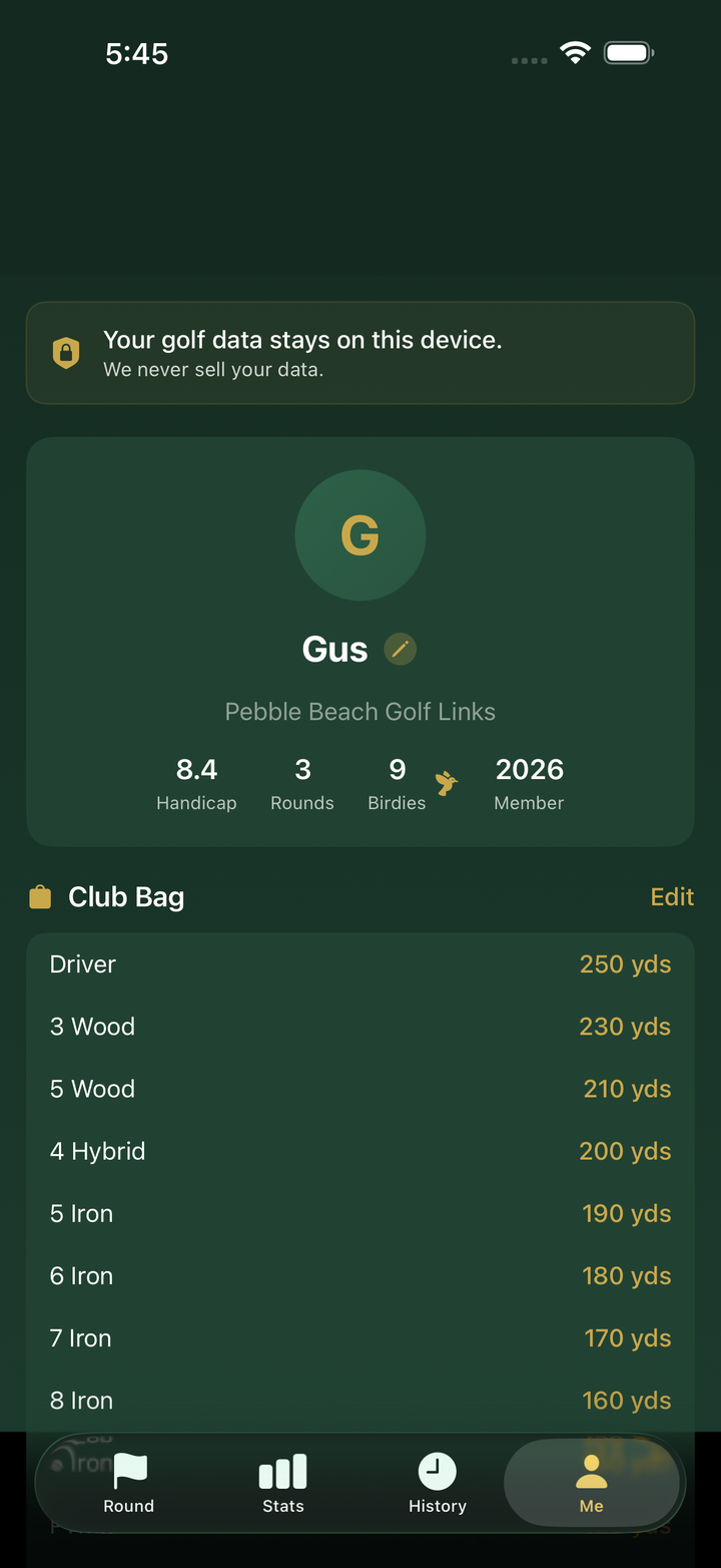 SwingIQ rounds screen showing saved golf rounds and scoring history